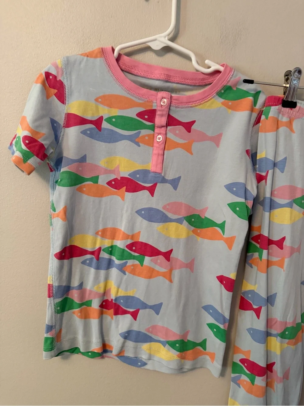 The Beaufort Bonnet Company Light Blue Fish Print Pajama Set - Pink Trim